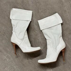 White Fold-Over Mid-Calf Heeled Boots